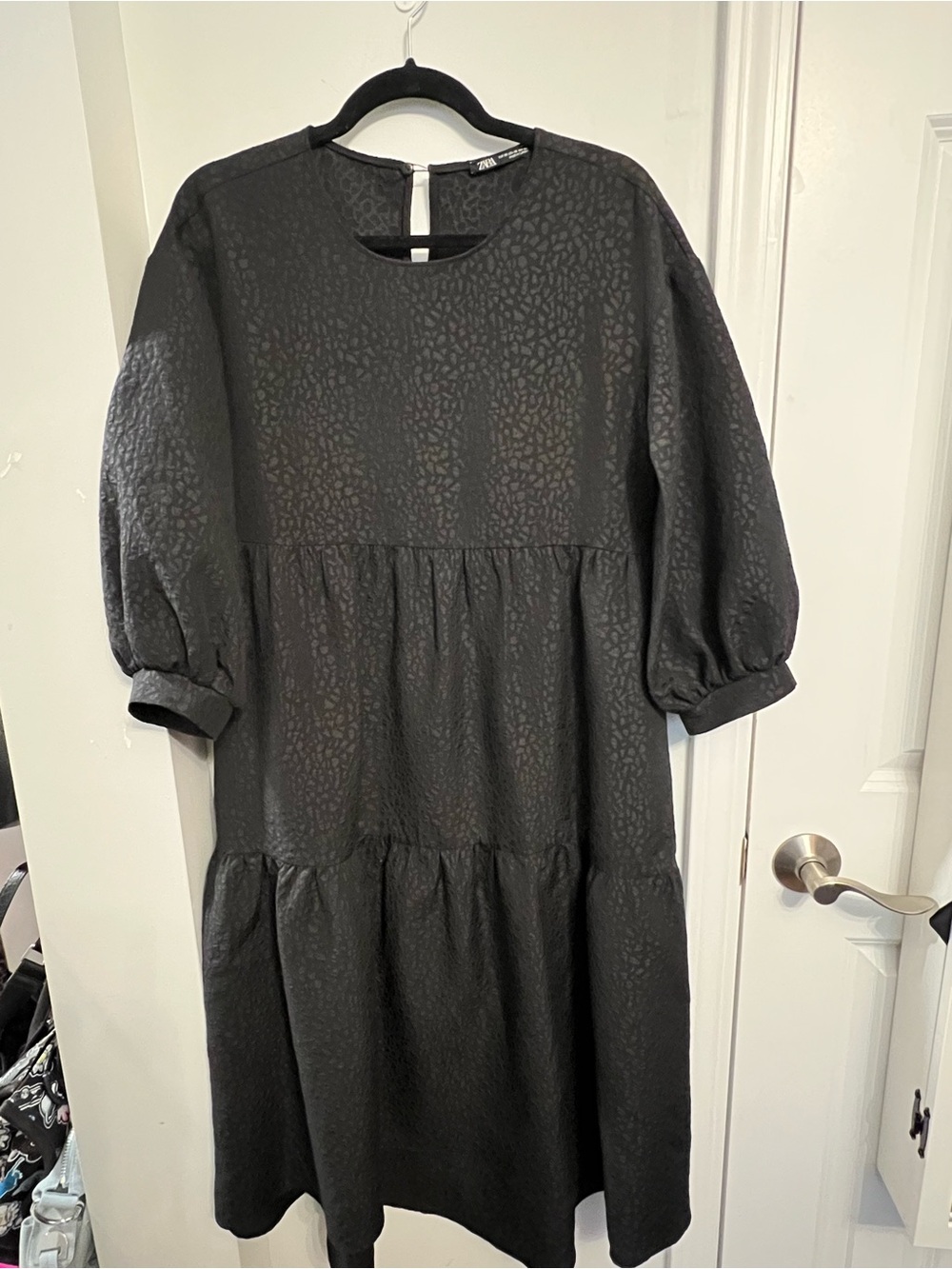 Women’s Zara Black Tiered Puff Sleeve Dress with Subtle Textured Pattern; S